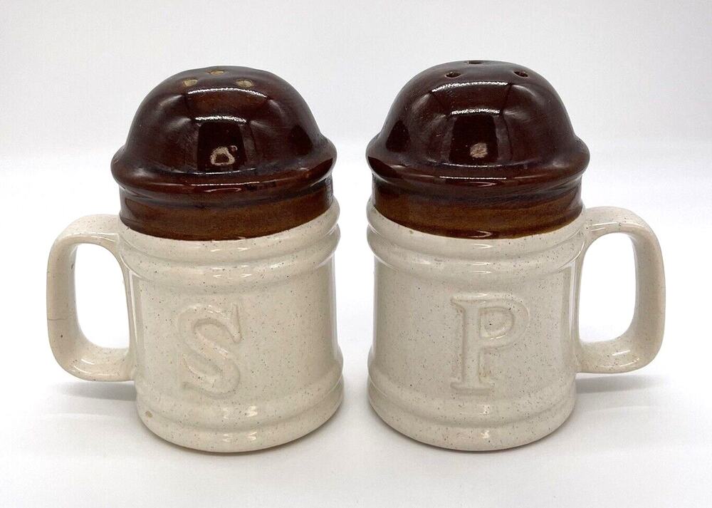 Vintage Crock Salt & Pepper Shakers with Handles Art Pottery 5.25" Cream & Brown